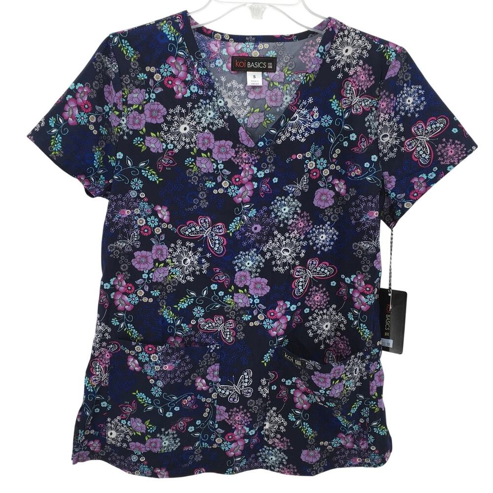 Koi Basics Scrubs NWT Small Leslie Stencil Butterfly Blue Top Shirt Nursing